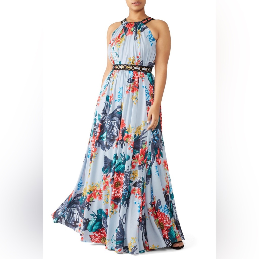 Badgley Mischka Light Blue Floral Maxi Dress with Black Trim